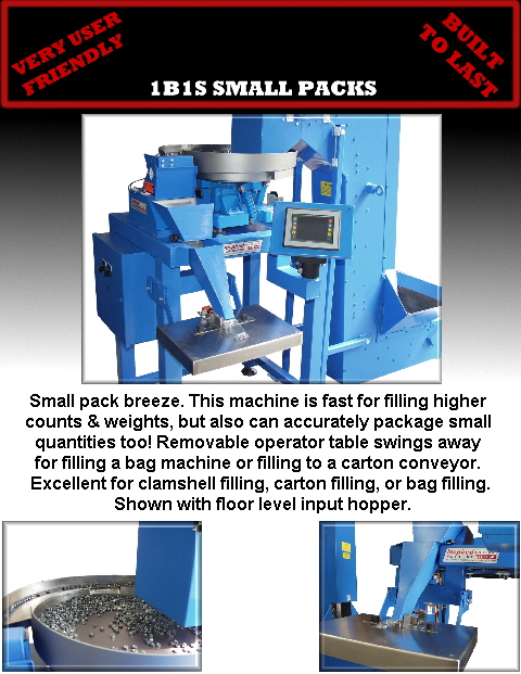Small pack breeze. This machine is fast for filling higher 
counts & weights, but also can accurately package small 
quantities too! Removable operator table swings away 
for filling a bag machine or filling to a carton conveyor. 
Excellent for clamshell filling, carton filling, or bag filling.
 Shown with floor level input hopper.