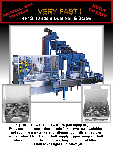 High speed 1 & 5 lb. nail & screw packaging upgrade. 
Enjoy faster nail packaging speeds from a two scale weighing 
and counting packer. Parallel alignment of nails and screws 
in the carton. Floor loading bulk supply hopper, magnetic belt 
elevator. Automatic carton erecting, forming and filling.
 Fill nail boxes right on a conveyor.